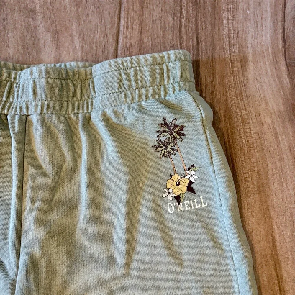O'Neill Milena Lounge Sweatpants Girls L Sage Green Palm Hibiscus Logo